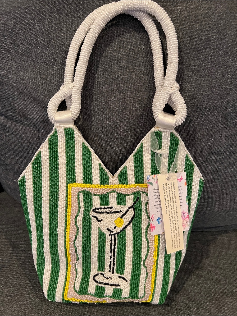 Green & White Beaded Stripe Tote with Cocktail